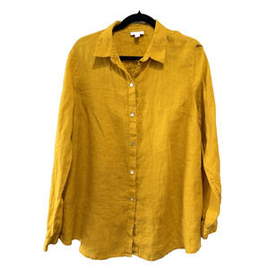 J JILL LOVE LINEN Button down tab Sleeve Tunic blouse shirt yellow Sz -L ,tall
